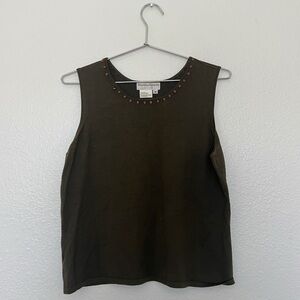 DRAPERS & DIAMONDS Vintage Shell-Lined Trim Silk Tank in Olive Green SZ M